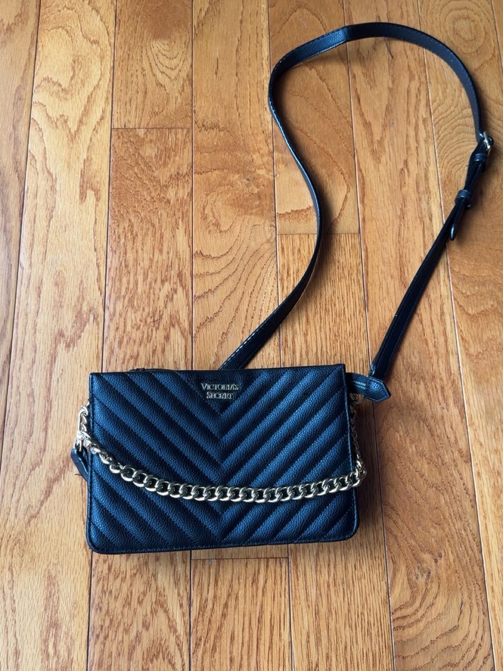 Victoria's Secret Black Quilted Crossbody with Gold Chain Accent